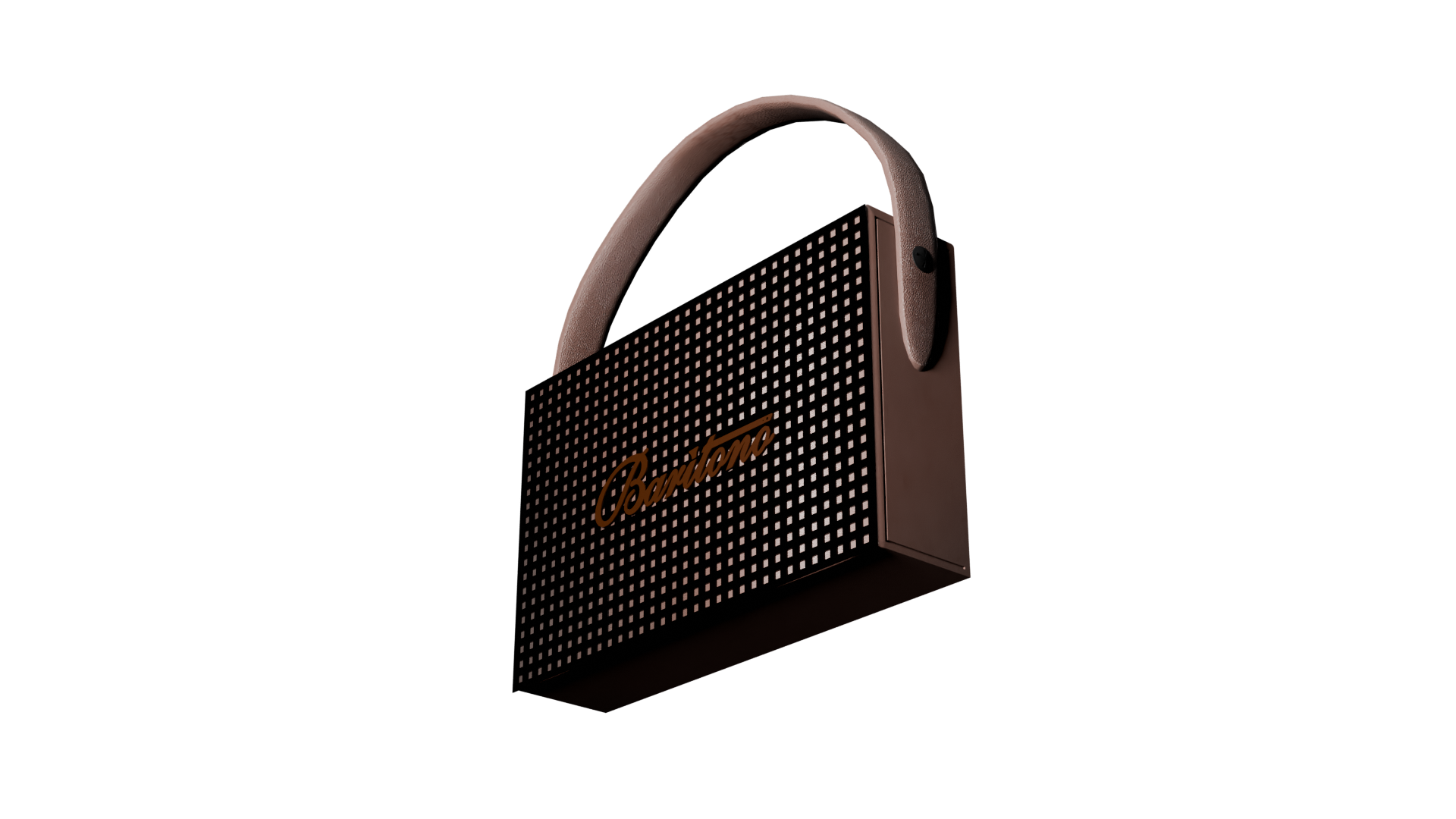 Baritono Recto-Slim Bluetooth speaker with leather finish and square-patterned grille, featuring a curved handle in brown colour