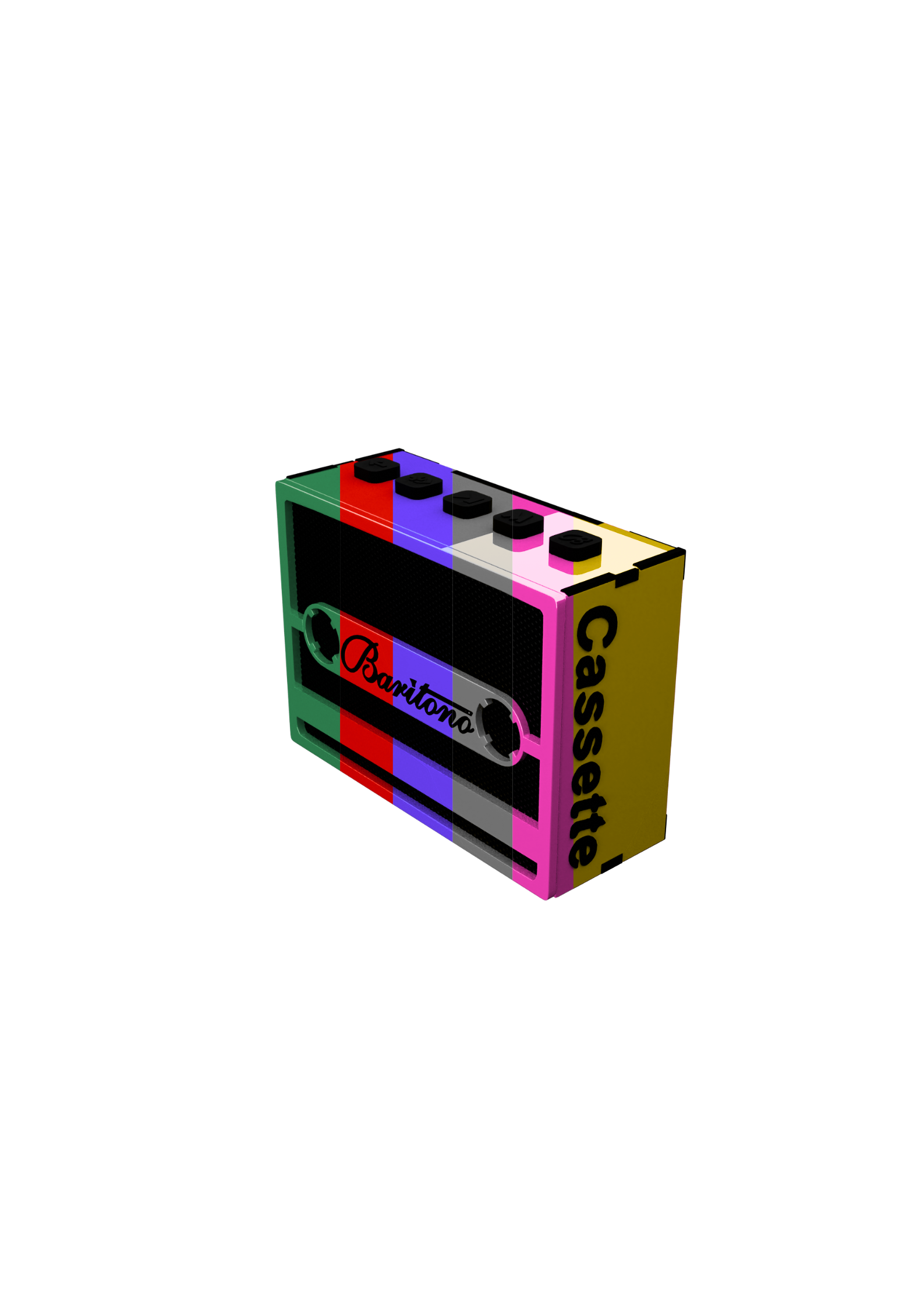 Customizable Baritono Cassette Bluetooth speaker with retro tape design, editable colors, engraving, and fragrance options
