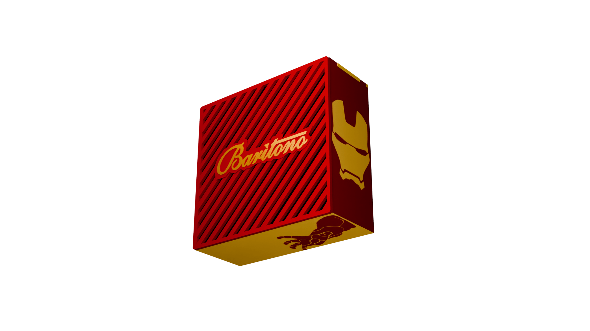 Baritono Iron Man Edition Bluetooth speaker in red and gold with arc reactor design and superhero branding