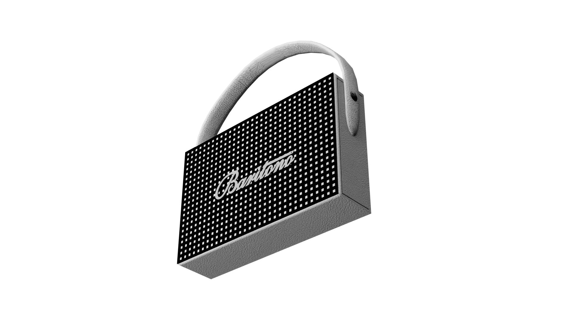 Baritono Recto-Slim Bluetooth speaker with leather finish and square-patterned grille, featuring a curved handle in white colour
