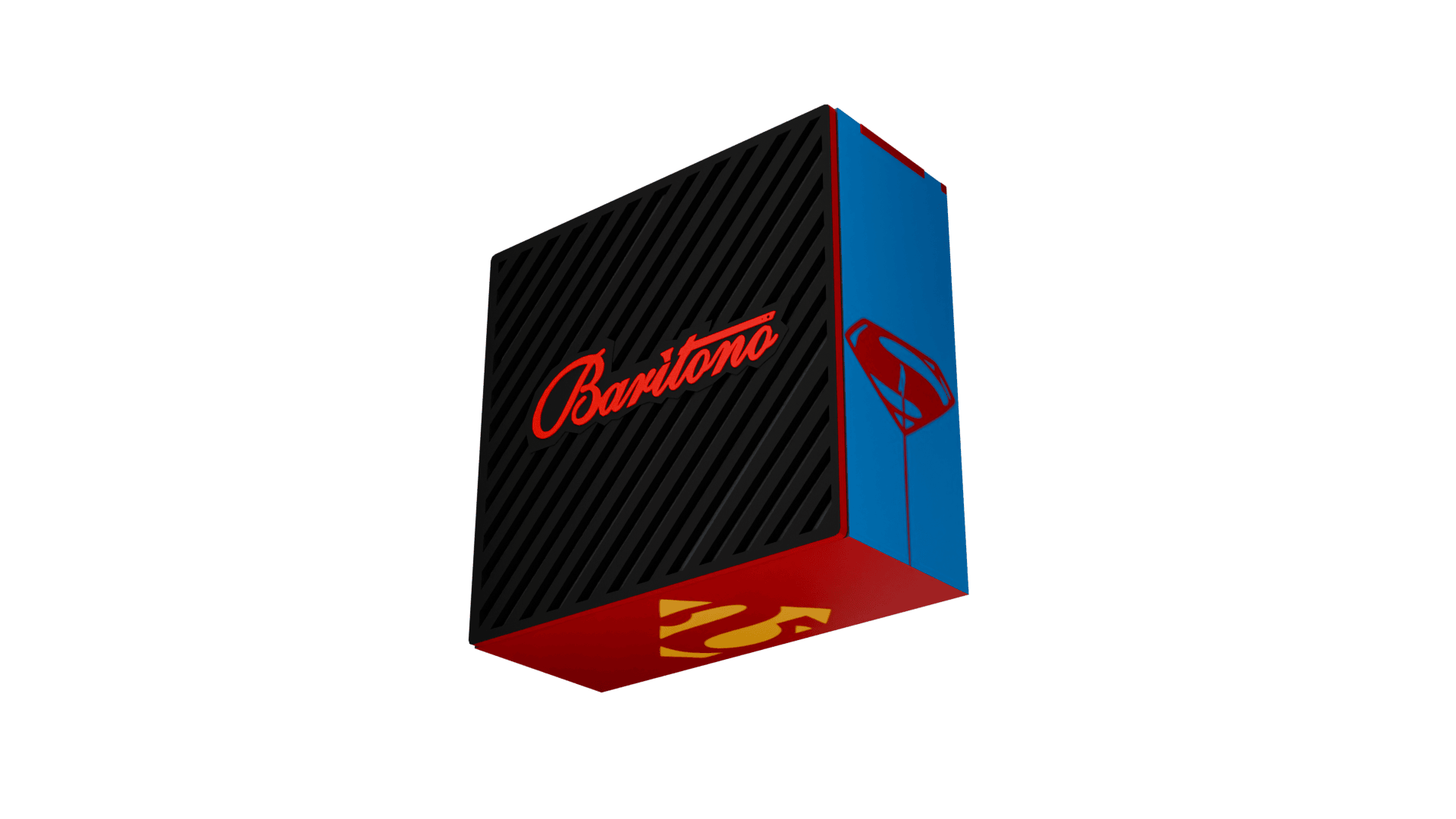 Baritono Superman Edition Bluetooth speaker in blue and red with Superman logo and comic-style artwork
