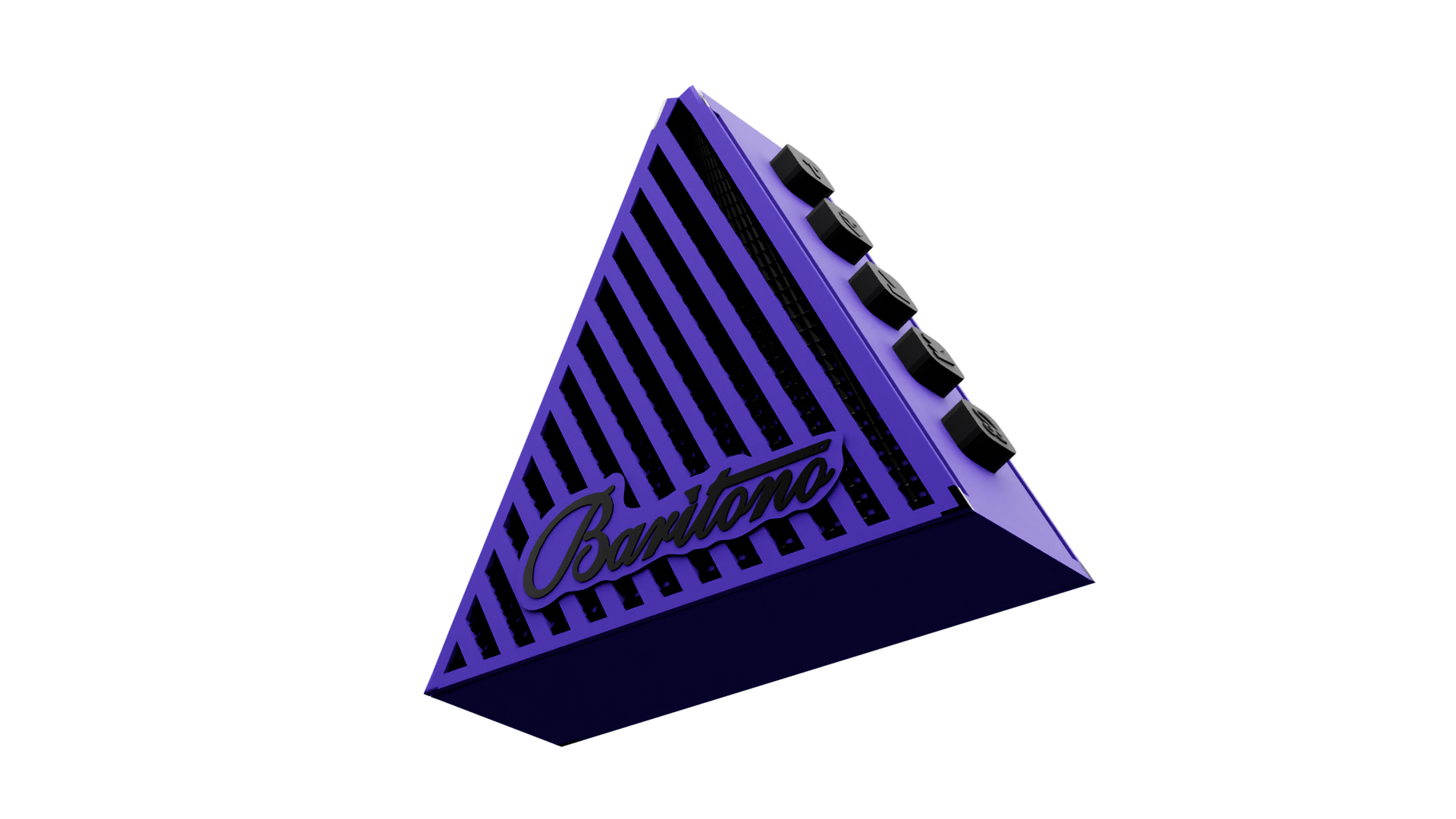 Baritono Tribe triangular Bluetooth speaker in purple with black buttons and striped grille