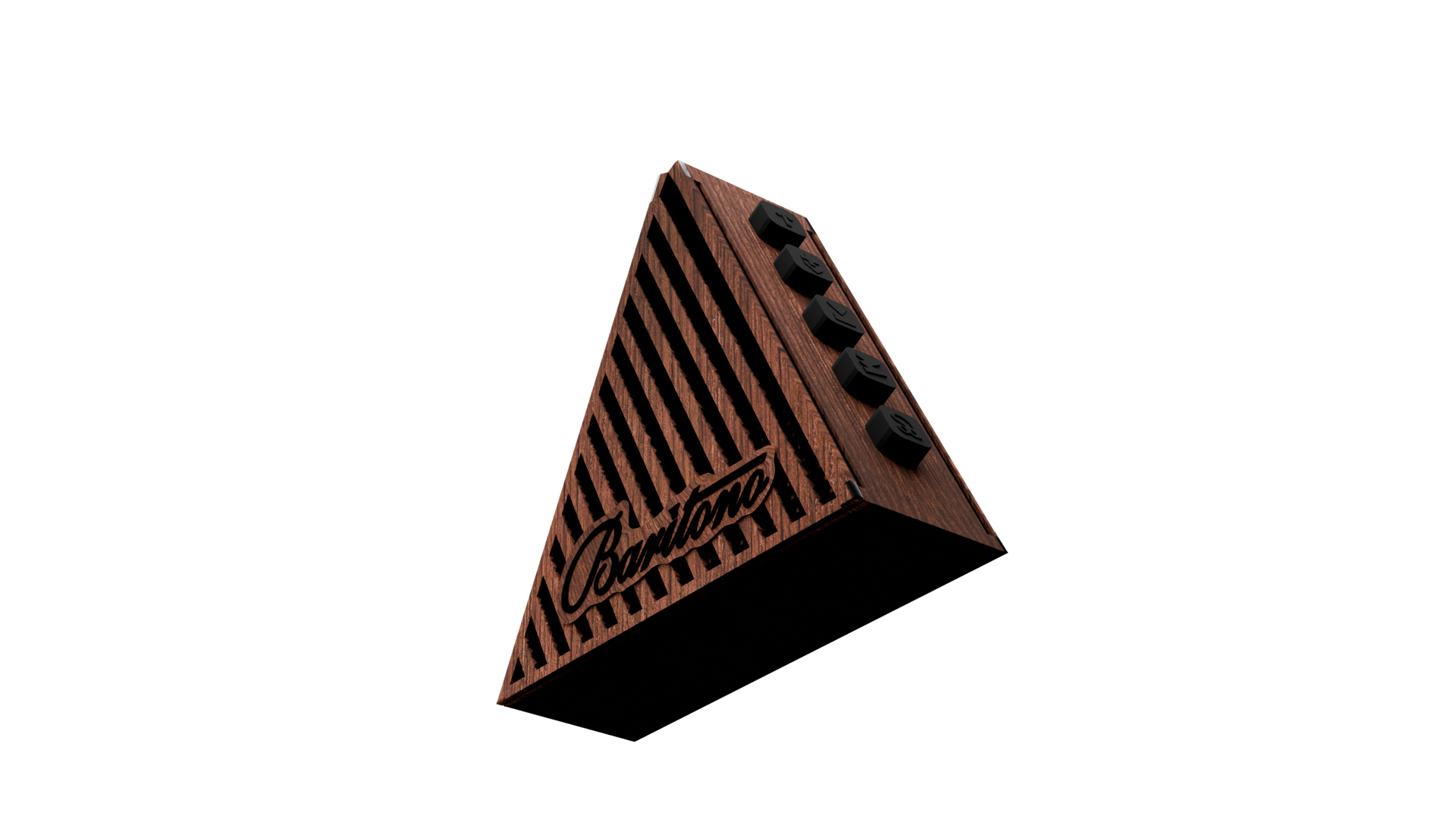 Baritono Tribe triangular Bluetooth speaker in dark wooden with black buttons and striped grille