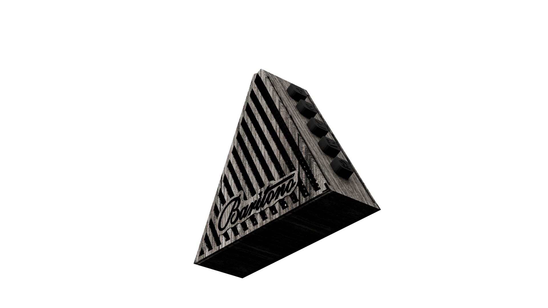 Baritono Tribe triangular Bluetooth speaker in dark gray wooden with black buttons and striped grille