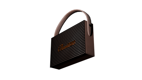 Baritono Recto-Slim Bluetooth speaker with leather finish and square-patterned grille, featuring a curved handle in brown colour