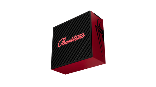  Baritono Spider-Man Edition Bluetooth speaker in red and black with web pattern and superhero logo design”
